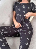 Women’s Pajama Set – Letter Print T-Shirt & Pants, Short Sleeve Sleepwear