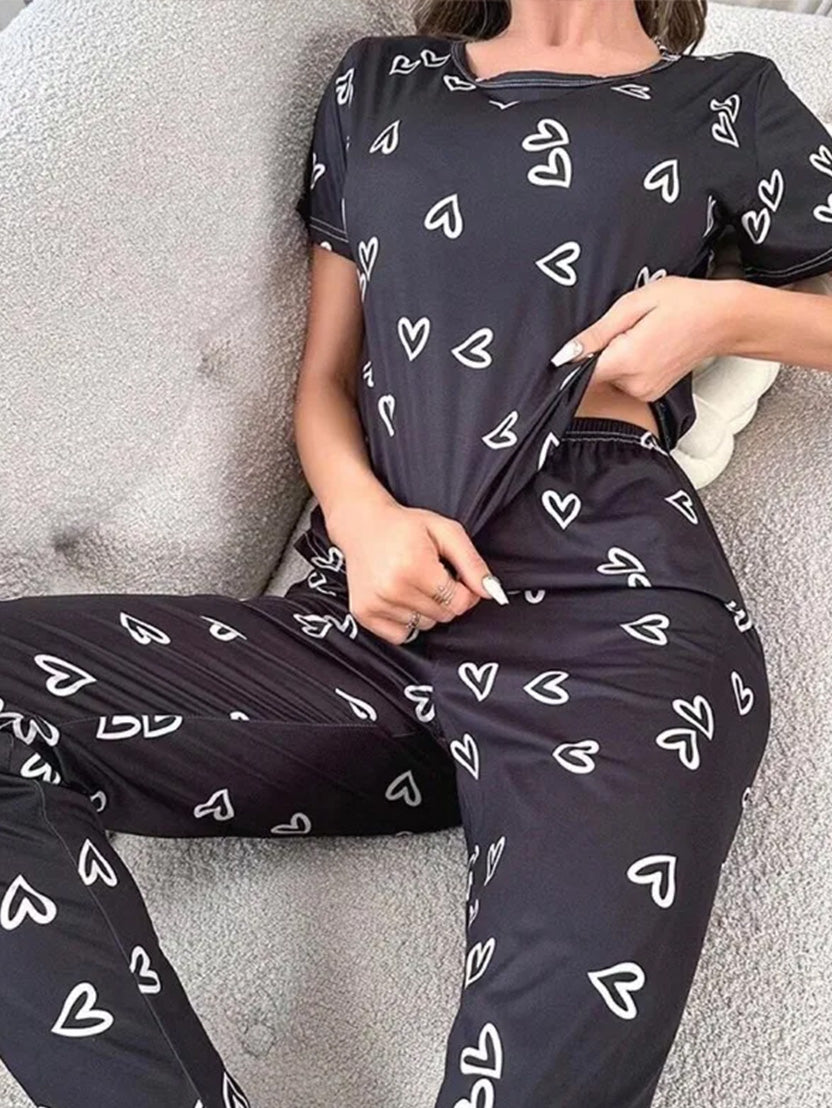Women’s Pajama Set – Letter Print T-Shirt & Pants, Short Sleeve Sleepwear