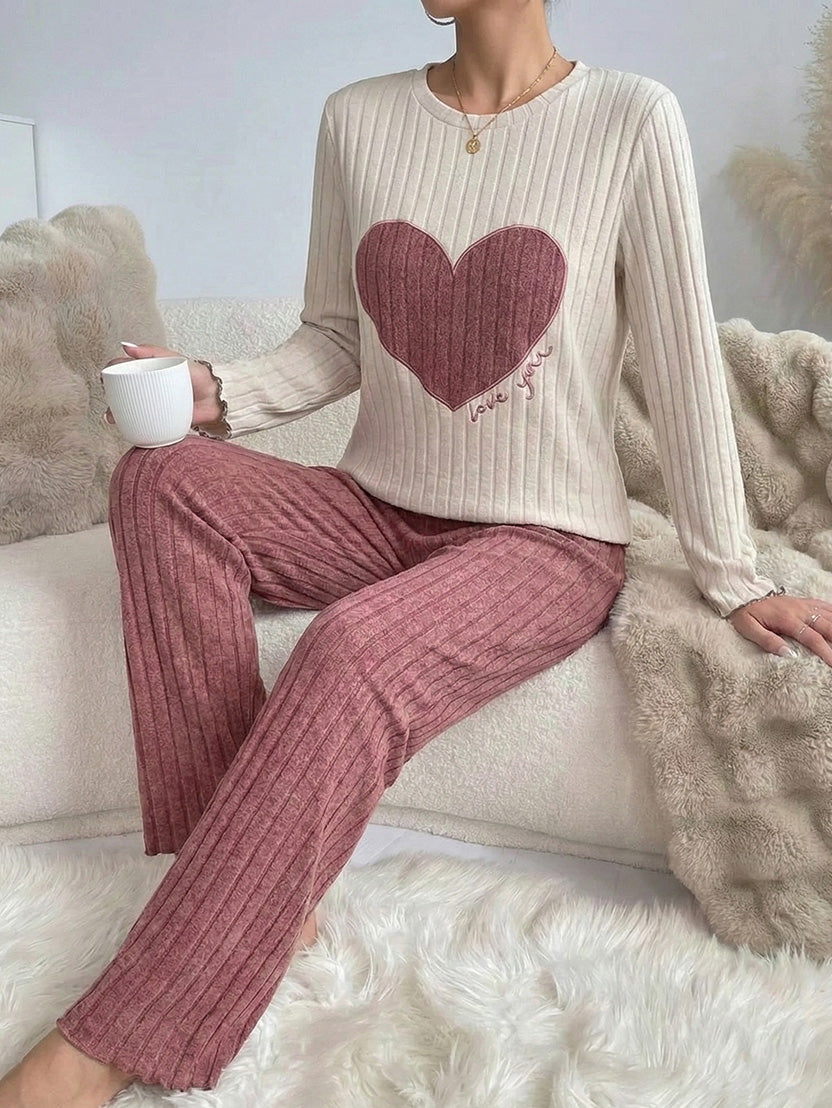 Women’s Heart Print Pajama Set – Short Sleeve Top & Pants, Casual Homewear