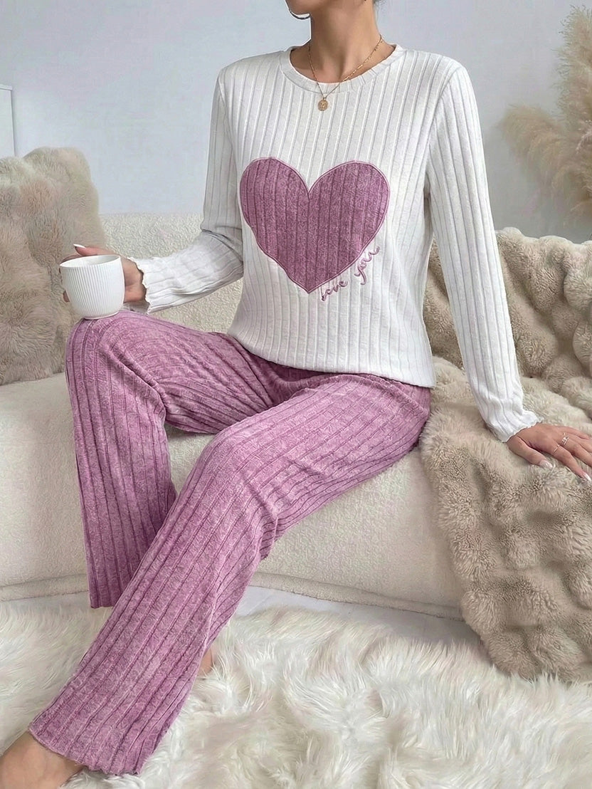 Women’s Heart Print Pajama Set – Short Sleeve Top & Pants, Casual Homewear