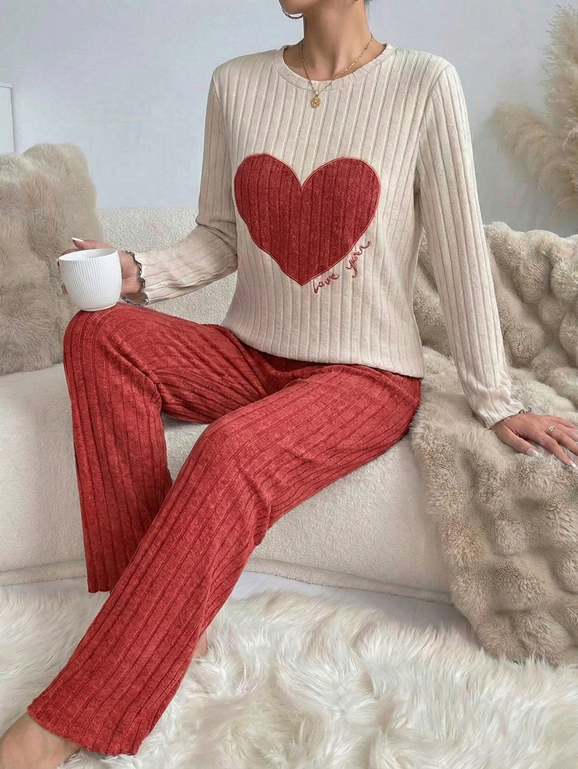 Women’s Heart Print Pajama Set – Short Sleeve Top & Pants, Casual Homewear