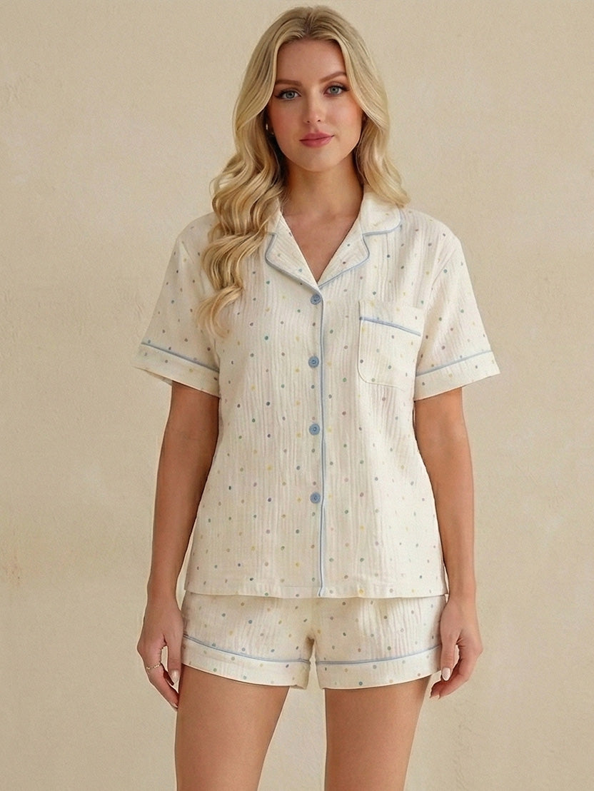 Women’s Polka Dot Cotton Pajama Set – Short Sleeve Top & Shorts Sleepwear