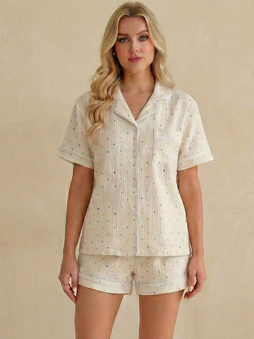 Women’s Polka Dot Cotton Pajama Set – Short Sleeve Top & Shorts Sleepwear