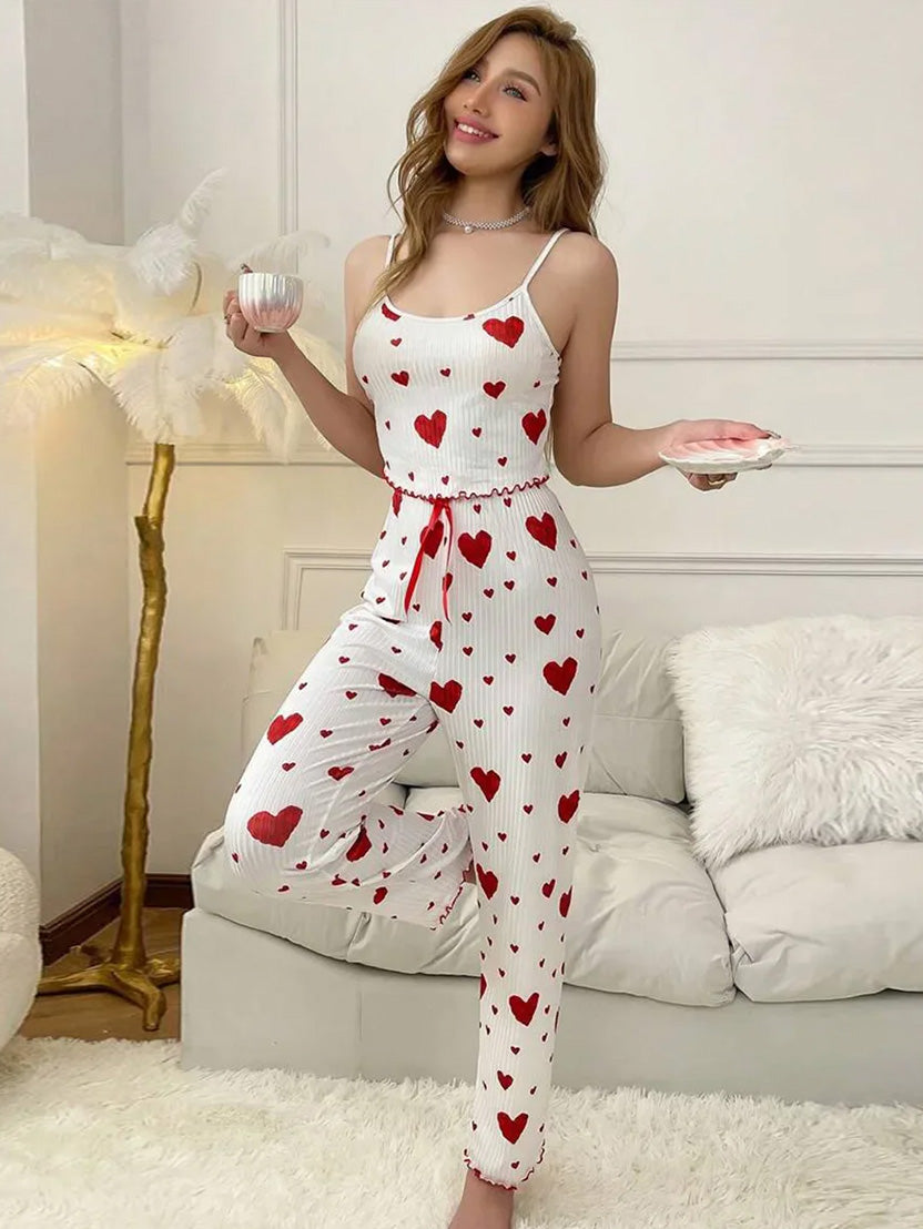 Women’s Plus Size Pajama Set – Sleeveless Top & Pants with Love Print