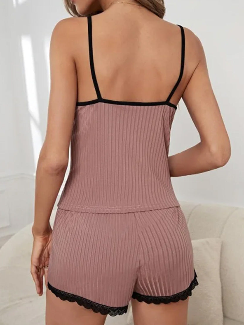 Women’s Summer Pajama Set – Ribbed V-Neck Bow Top & Shorts