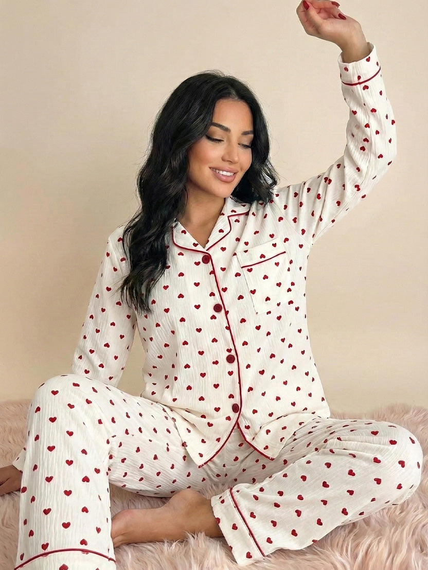 Women’s Crinkled Pajama Set – Long Sleeve Top & Pants for Spring and Fall