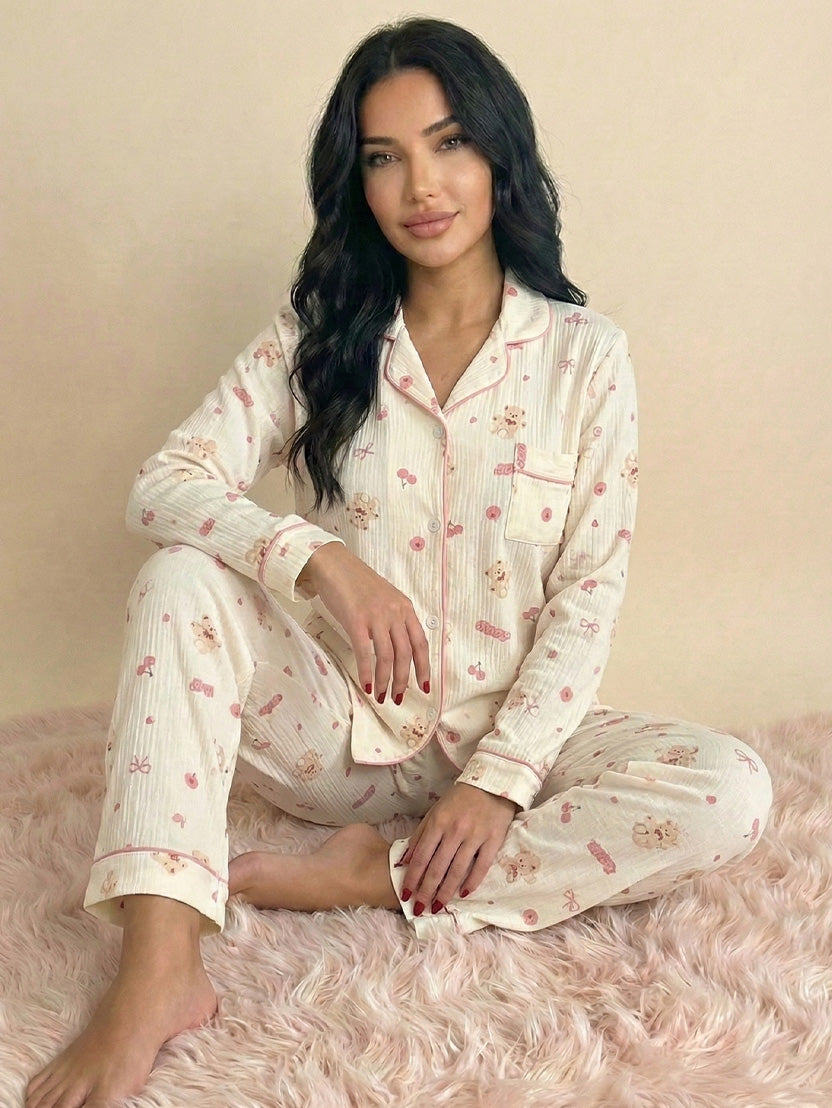 Women’s Crinkled Pajama Set – Long Sleeve Top & Pants for Spring and Fall