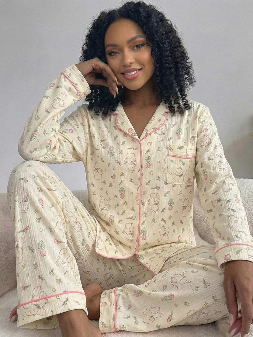 Women’s Crinkled Pajama Set – Long Sleeve Top & Pants for Spring and Fall