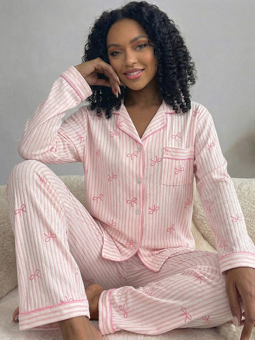 Women’s Crinkled Pajama Set – Long Sleeve Top & Pants for Spring and Fall