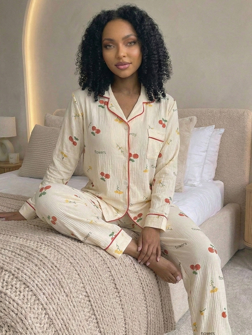 Women’s Crinkled Pajama Set – Long Sleeve Top & Pants for Spring and Fall