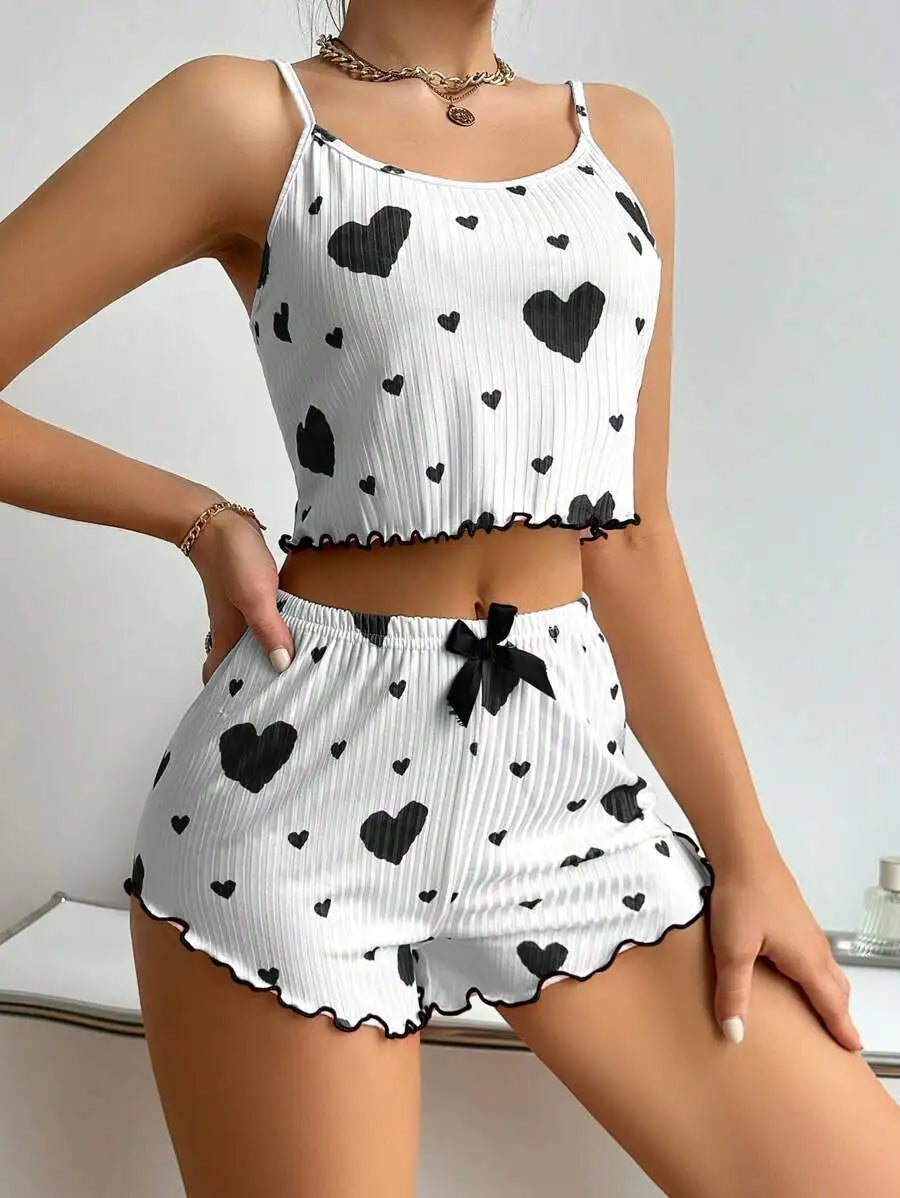 Women’s Heart Print Pajama Set – 2 Piece Tank Top & Shorts