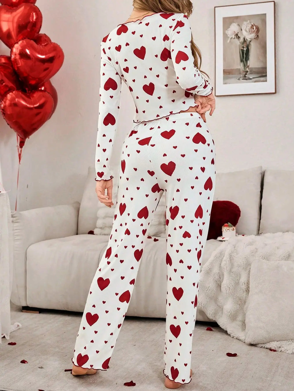 Women’s Autumn Winter Pajama Set – Heart Print Long Sleeve Top & Pants