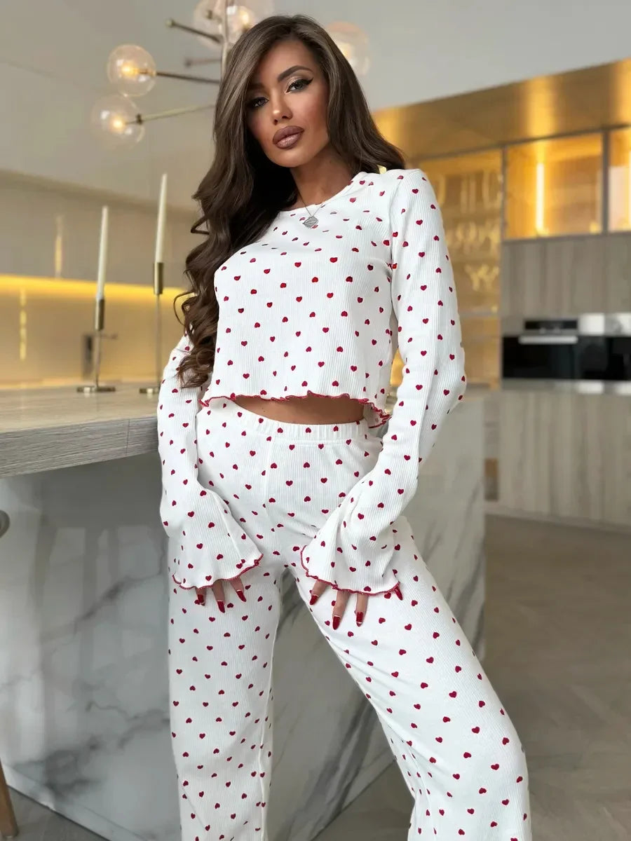 Women’s Cherry Print Pajama Set – Long Sleeve Top & Pants for Fall and Winter