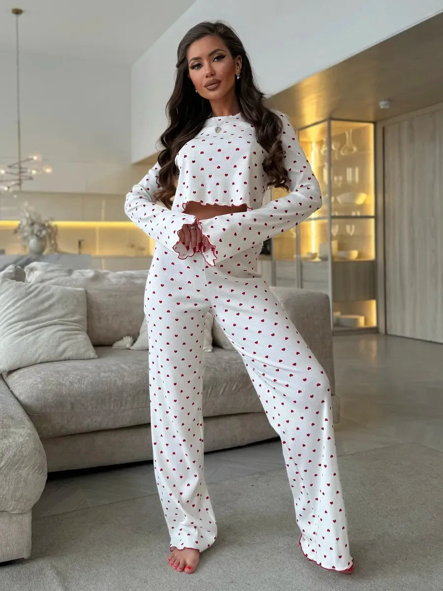 Women’s Cherry Print Pajama Set – Long Sleeve Top & Pants for Fall and Winter