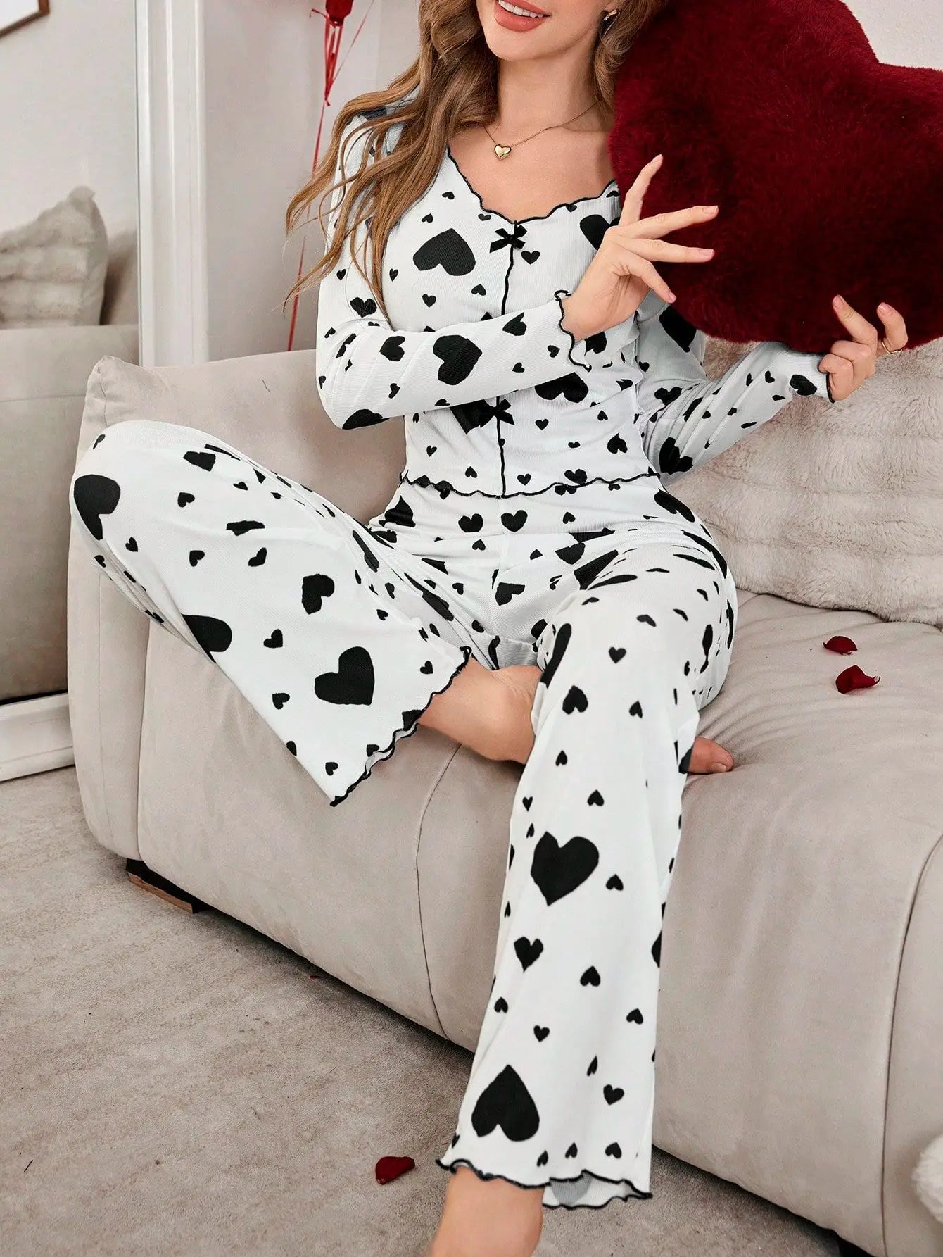 Women’s Autumn Winter Pajama Set – Heart Print Long Sleeve Top & Pants