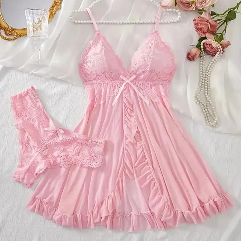 Women’s Lace Babydoll Nightgown Set – Sleeveless Sleep Dress with Matching Brief