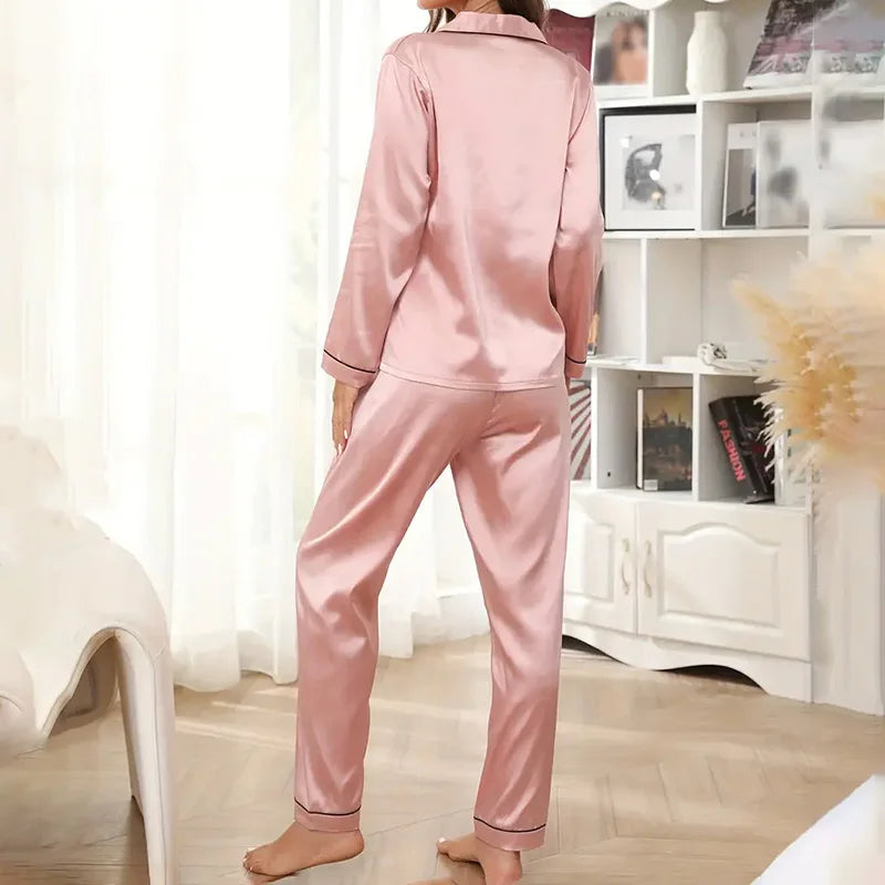 Women’s Satin Pajama Set – Long Sleeve Button-Up Top & Elastic Waist Pants