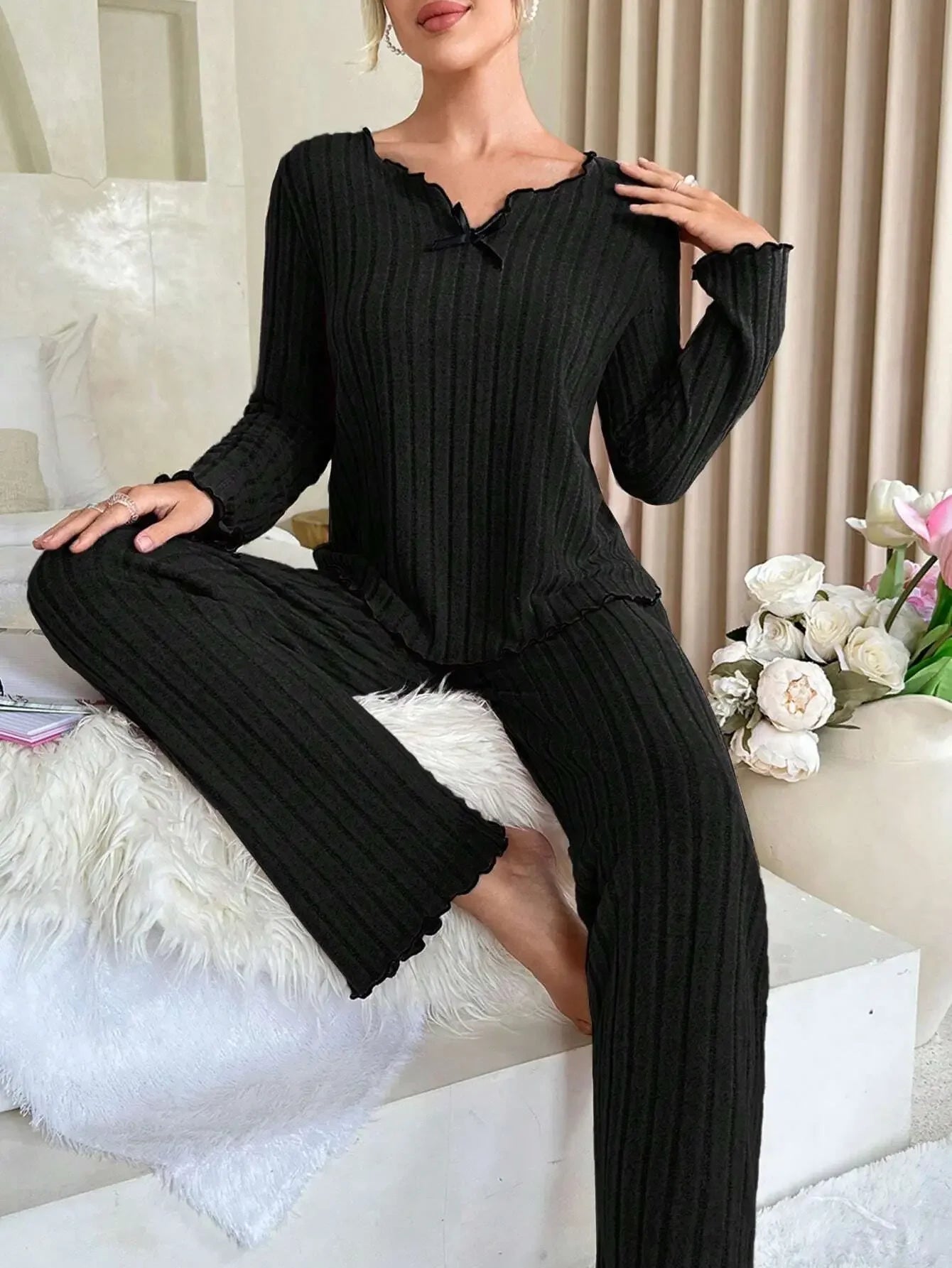 Women’s Ribbed Pajama Set – Long Sleeve Top & Pants, Cozy Fall & Winter Loungewear