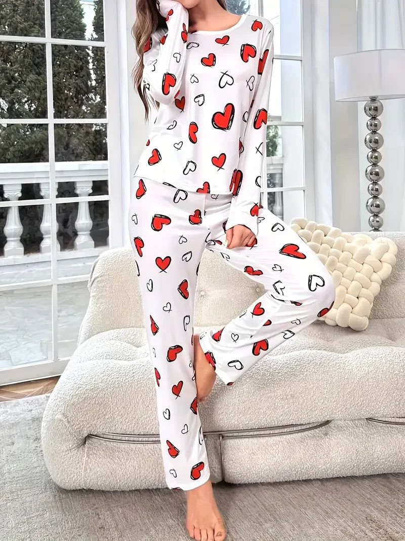 Women’s Heart Print Knit Pajama Set – Round Neck Top & Elastic Waist Pants for Fall & Winter