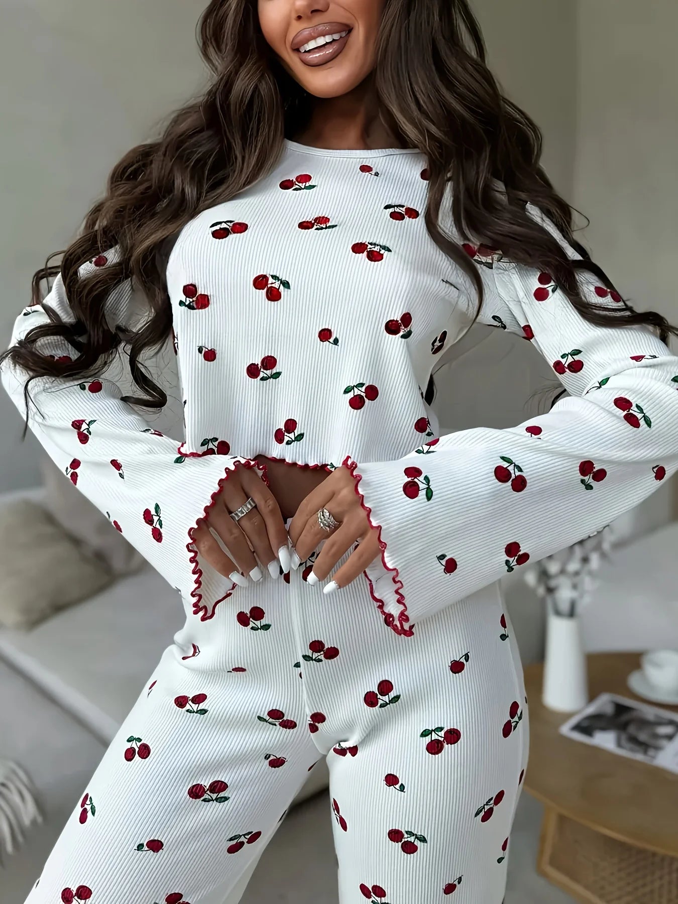 Women’s Cherry Print Pajama Set – Long Sleeve Top & Pants for Fall and Winter