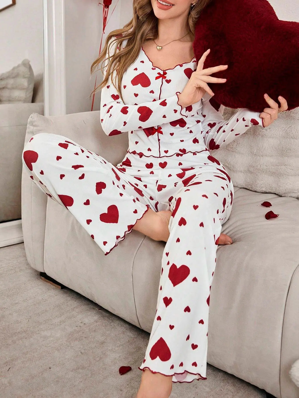 Women’s Autumn Winter Pajama Set – Heart Print Long Sleeve Top & Pants