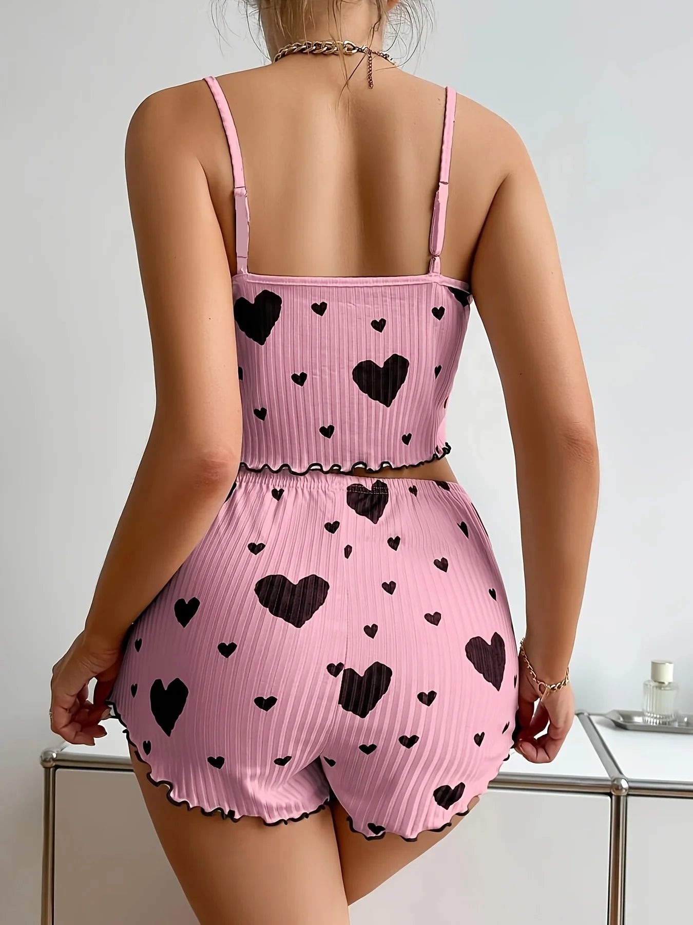 Women’s Heart Print Pajama Set – 2 Piece Tank Top & Shorts