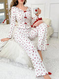 Women’s Heart Print Pajama Set – Long Sleeve Top & Pants for Fall and Winter