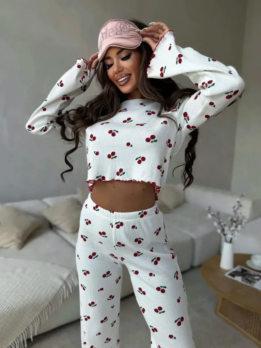 Women’s Cherry Print Pajama Set – Long Sleeve Top & Pants for Fall and Winter