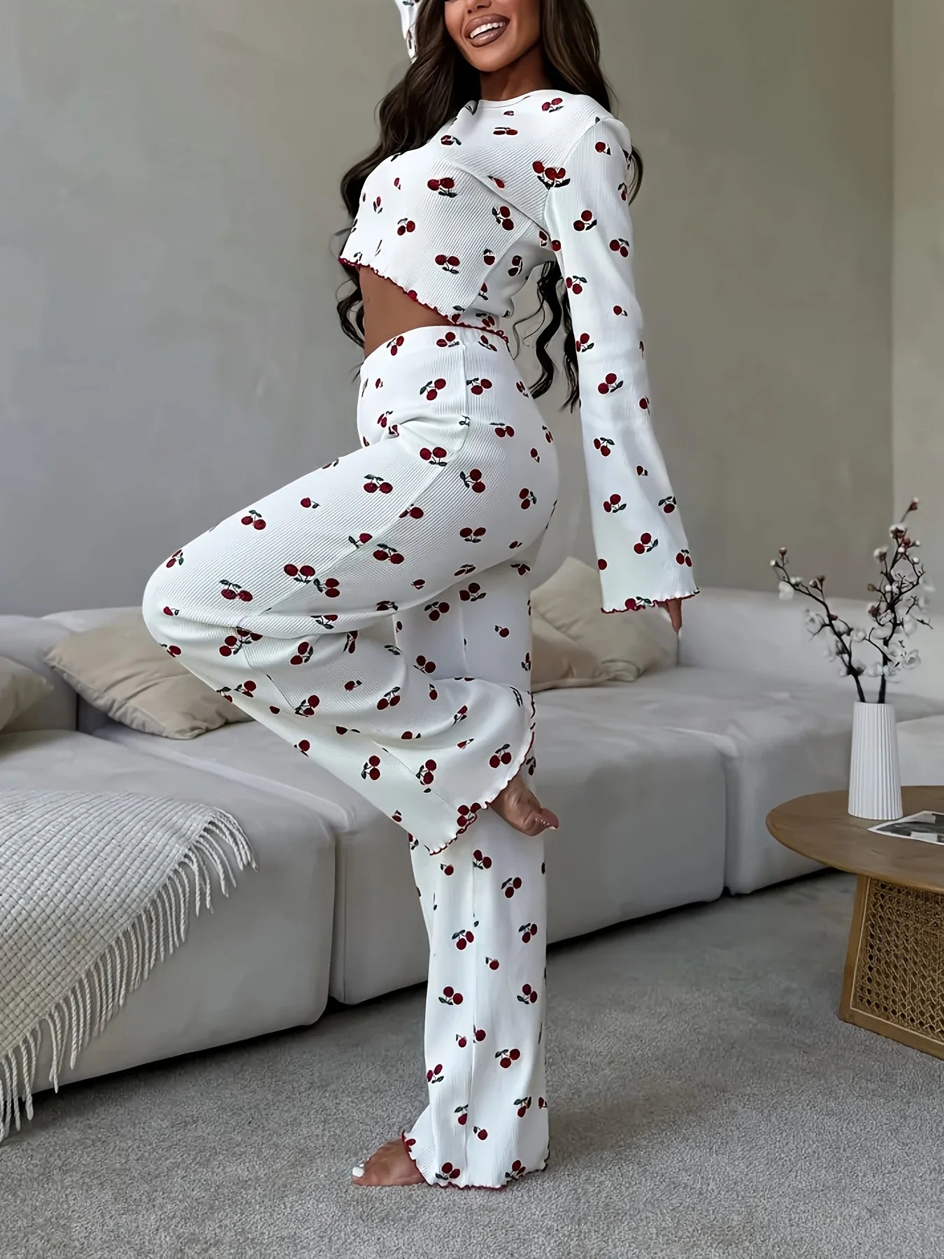 Women’s Cherry Print Pajama Set – Long Sleeve Top & Pants for Fall and Winter