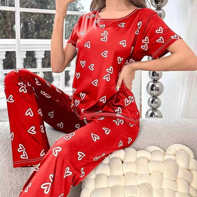 Women’s Pajama Set – Letter Print T-Shirt & Pants, Short Sleeve Sleepwear