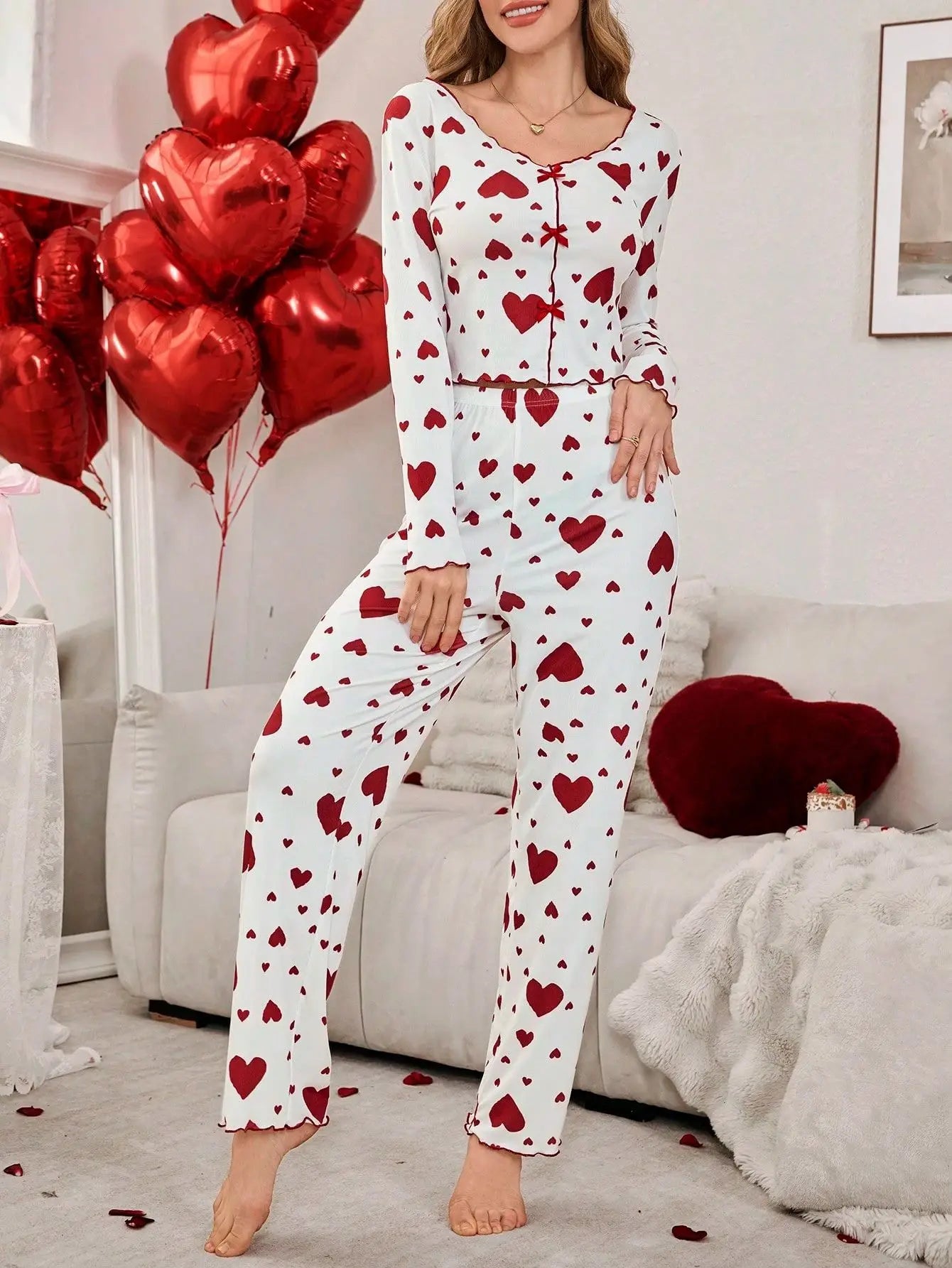 Women’s Autumn Winter Pajama Set – Heart Print Long Sleeve Top & Pants