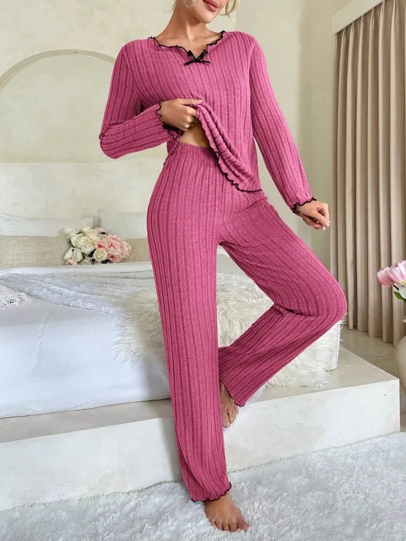 Women’s Ribbed Pajama Set – Long Sleeve Top & Pants, Cozy Fall & Winter Loungewear