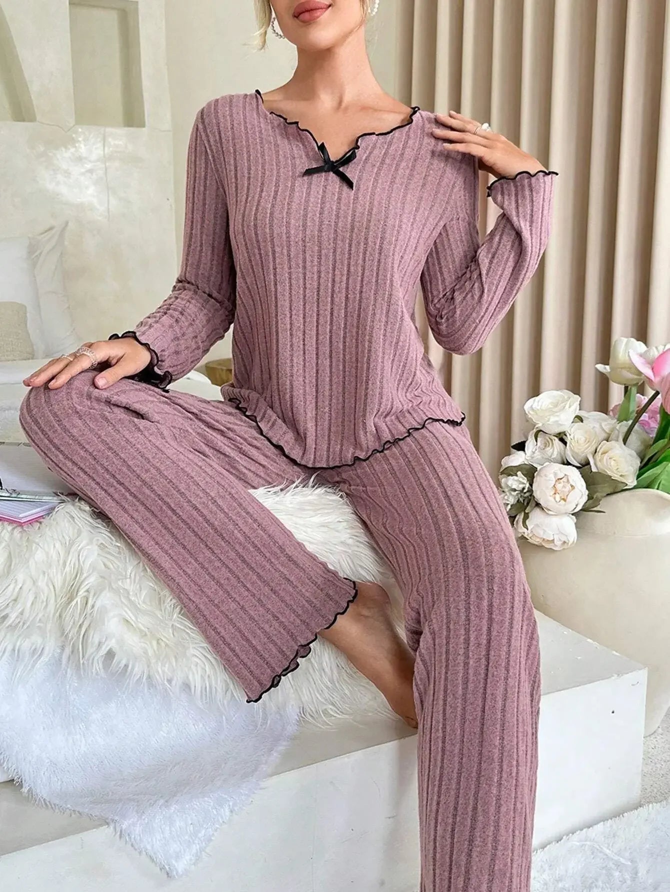 Women’s Ribbed Pajama Set – Long Sleeve Top & Pants, Cozy Fall & Winter Loungewear