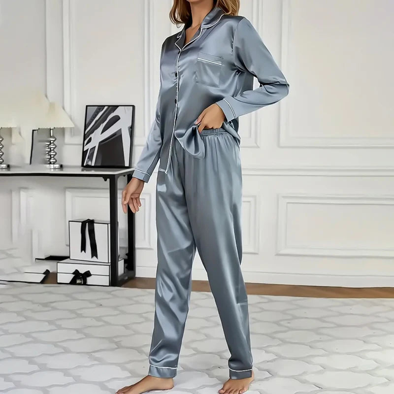 Women’s Satin Pajama Set – Long Sleeve Button-Up Top & Elastic Waist Pants