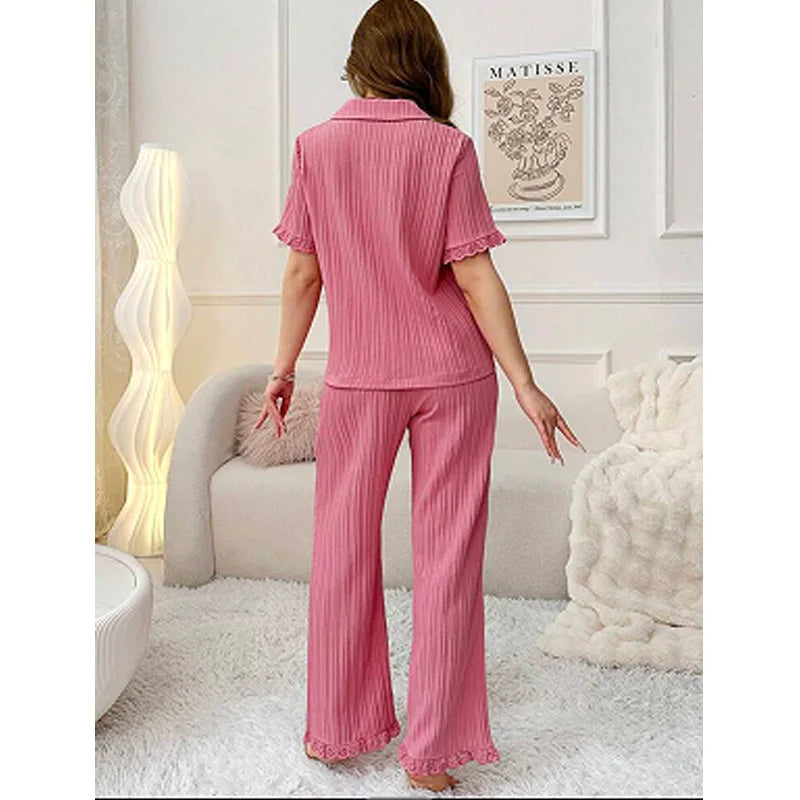 Women’s Casual Pajama Set – Short Sleeve Lapel Top & Pants with Floral Design