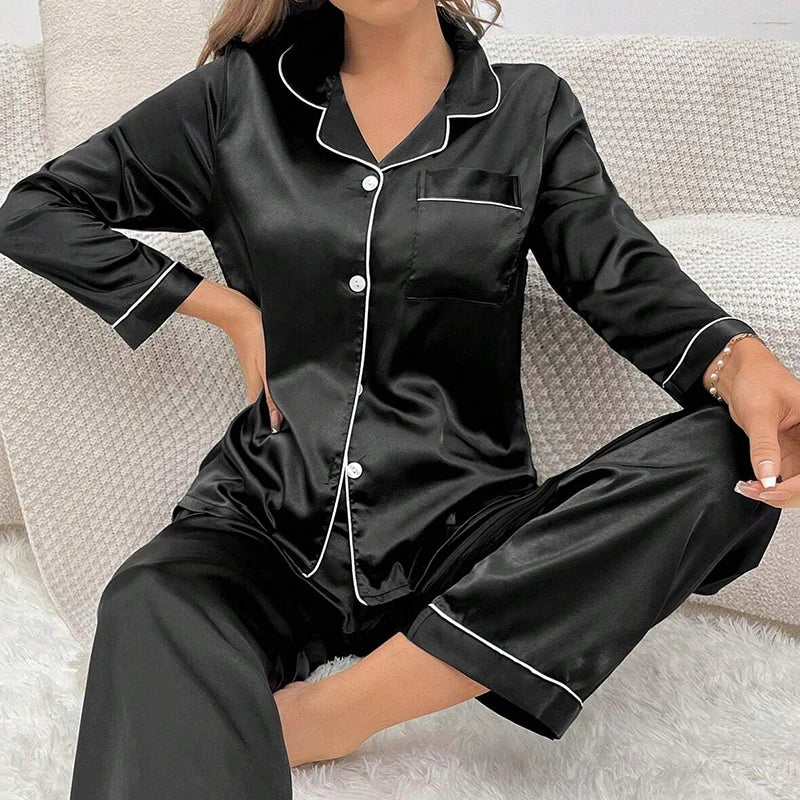 Women’s Satin Pajama Set – Long Sleeve Button-Up Top & Elastic Waist Pants
