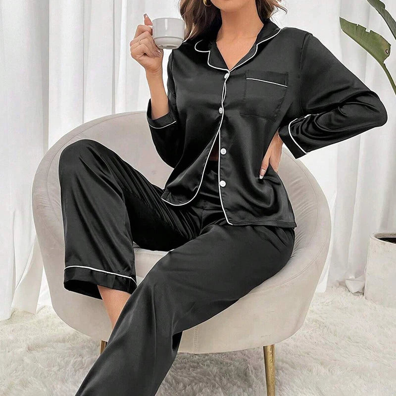 Women’s Satin Pajama Set – Long Sleeve Button-Up Top & Elastic Waist Pants