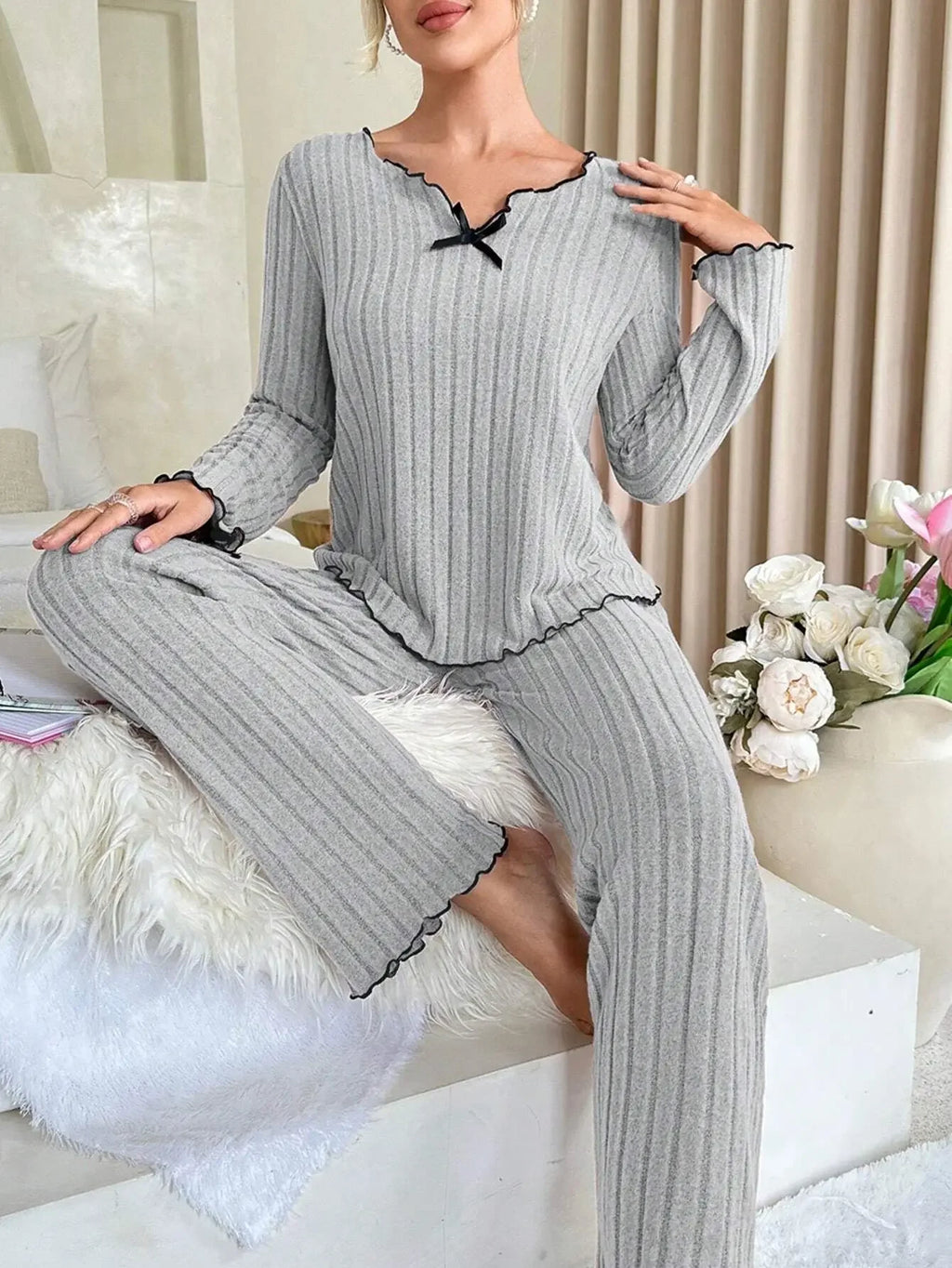 Women’s Ribbed Pajama Set – Long Sleeve Top & Pants, Cozy Fall & Winter Loungewear