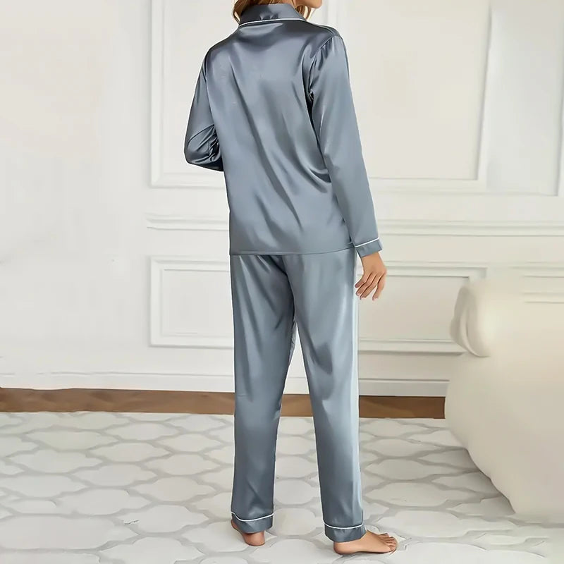 Women’s Satin Pajama Set – Long Sleeve Button-Up Top & Elastic Waist Pants