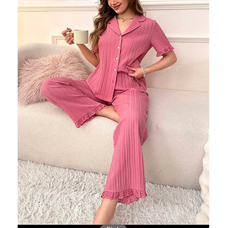 Women’s Casual Pajama Set – Short Sleeve Lapel Top & Pants with Floral Design