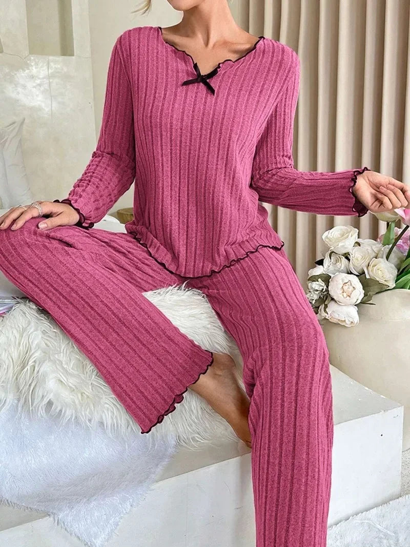 Women’s Ribbed Pajama Set – Long Sleeve Top & Pants, Cozy Fall & Winter Loungewear