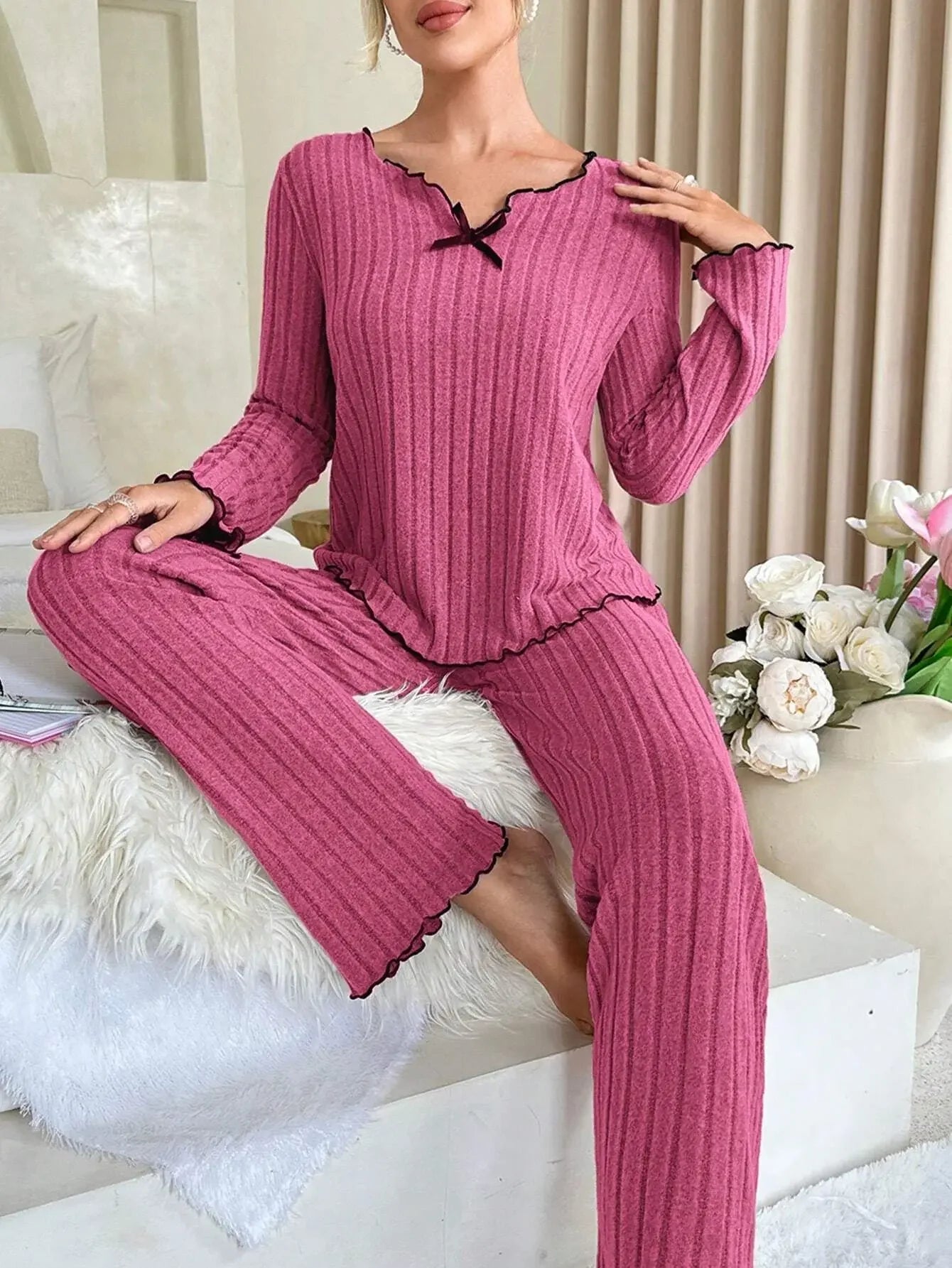 Women’s Ribbed Pajama Set – Long Sleeve Top & Pants, Cozy Fall & Winter Loungewear