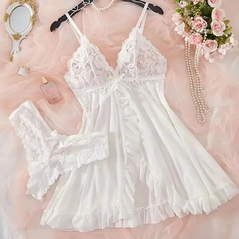 Women’s Lace Babydoll Nightgown Set – Sleeveless Sleep Dress with Matching Brief