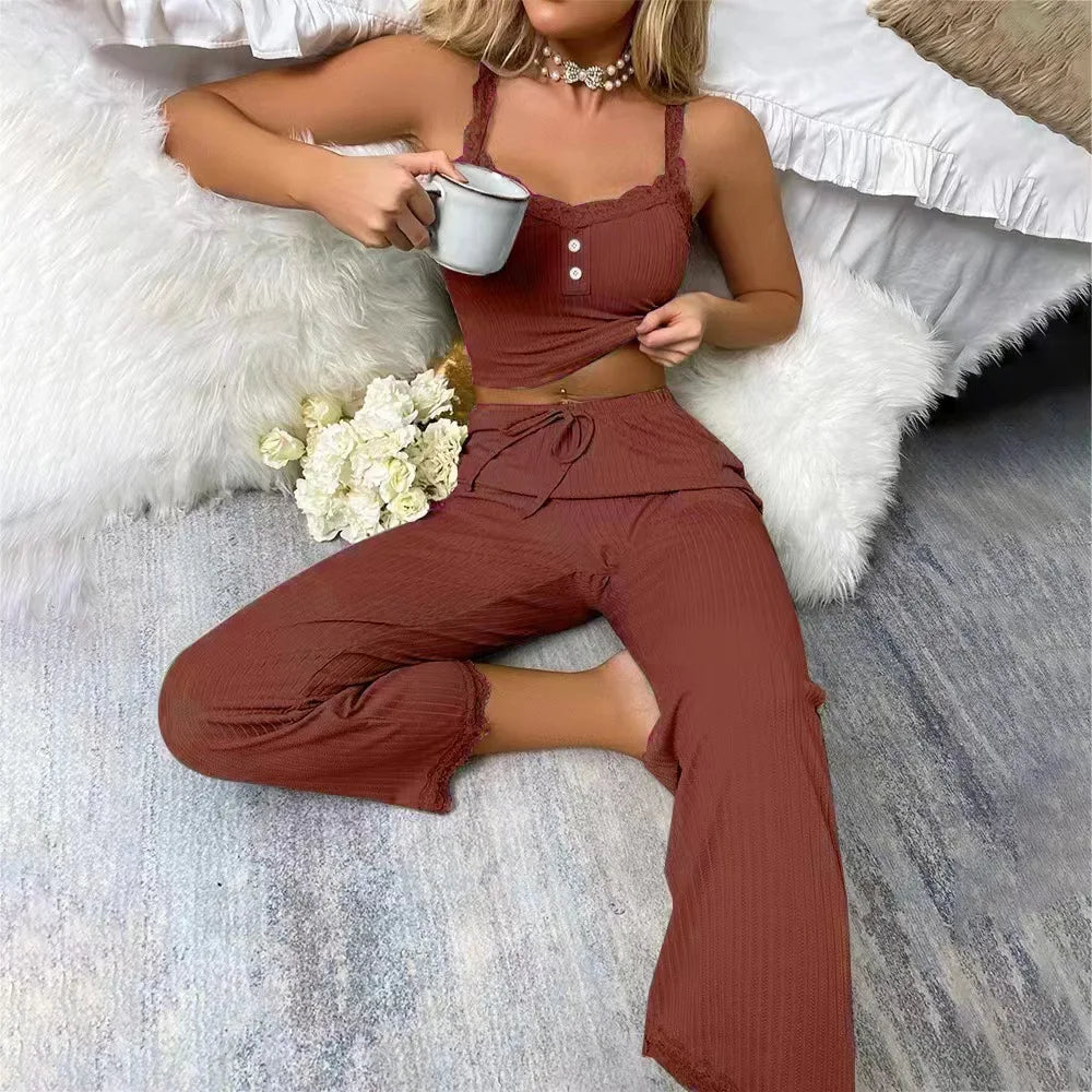 Women’s Autumn Pajama Set – Long Pants Sleepwear for Home Comfort