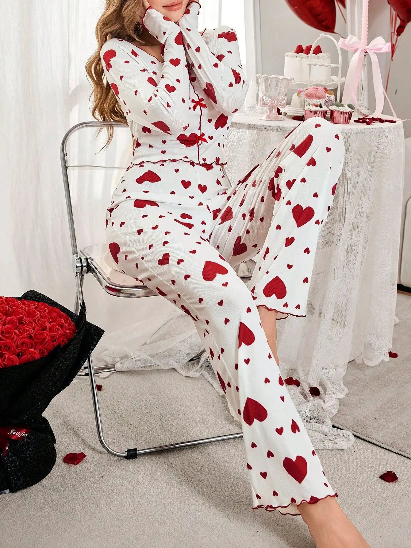 Women’s Autumn Winter Pajama Set – Heart Print Long Sleeve Top & Pants
