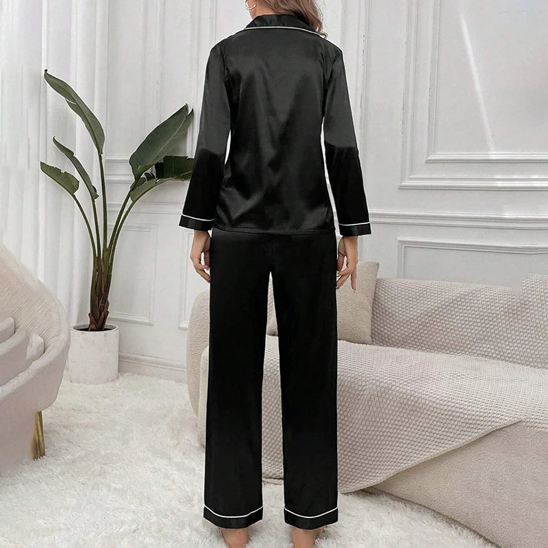 Women’s Satin Pajama Set – Long Sleeve Button-Up Top & Elastic Waist Pants