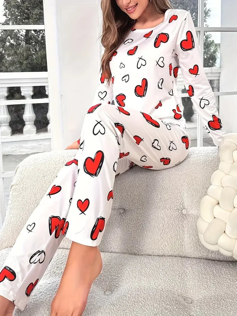 Women’s Heart Print Knit Pajama Set – Round Neck Top & Elastic Waist Pants for Fall & Winter