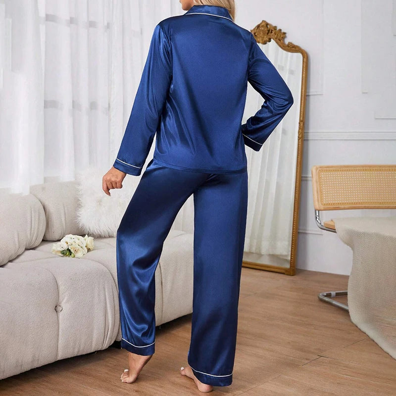 Women’s Satin Pajama Set – Long Sleeve Button-Up Top & Elastic Waist Pants