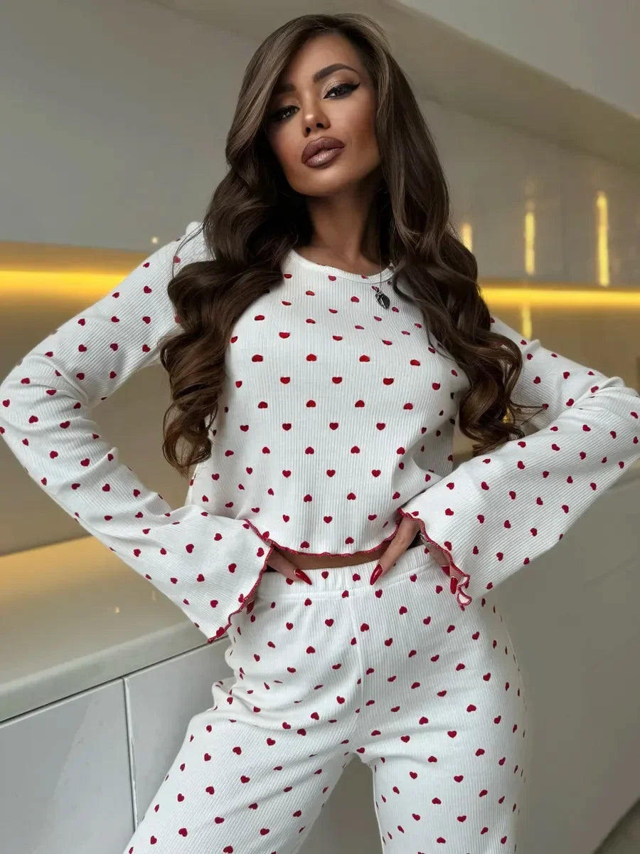 Women’s Cherry Print Pajama Set – Long Sleeve Top & Pants for Fall and Winter
