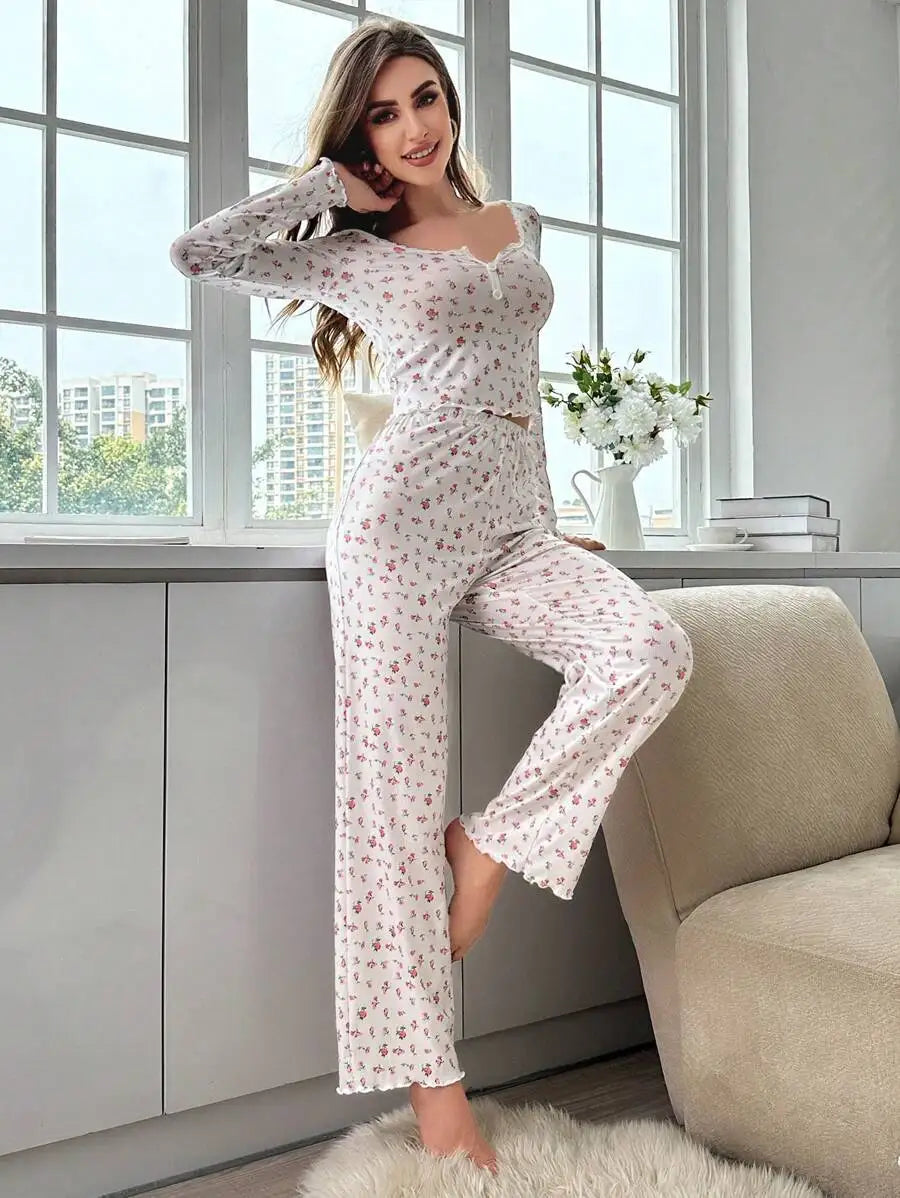 Women’s Floral Pajama Set – Long Sleeve Top & Pants, Soft Two-Piece Sleepwear
